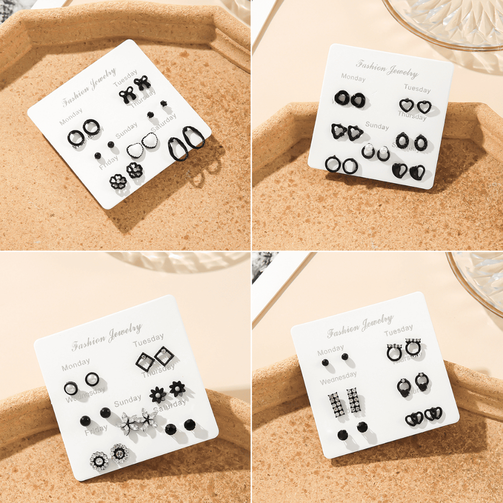 100% AMAN ANEKA SET ANTING-ANTING HITAM LUCU ELEGAN KOREA STYLE EARRING FASHION ACCESSORIES