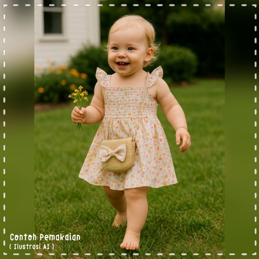 Set R@BBIT + BEAR Baby Girl 2in1 Ruffle Strap Smocked Dress & Sling Bag Set