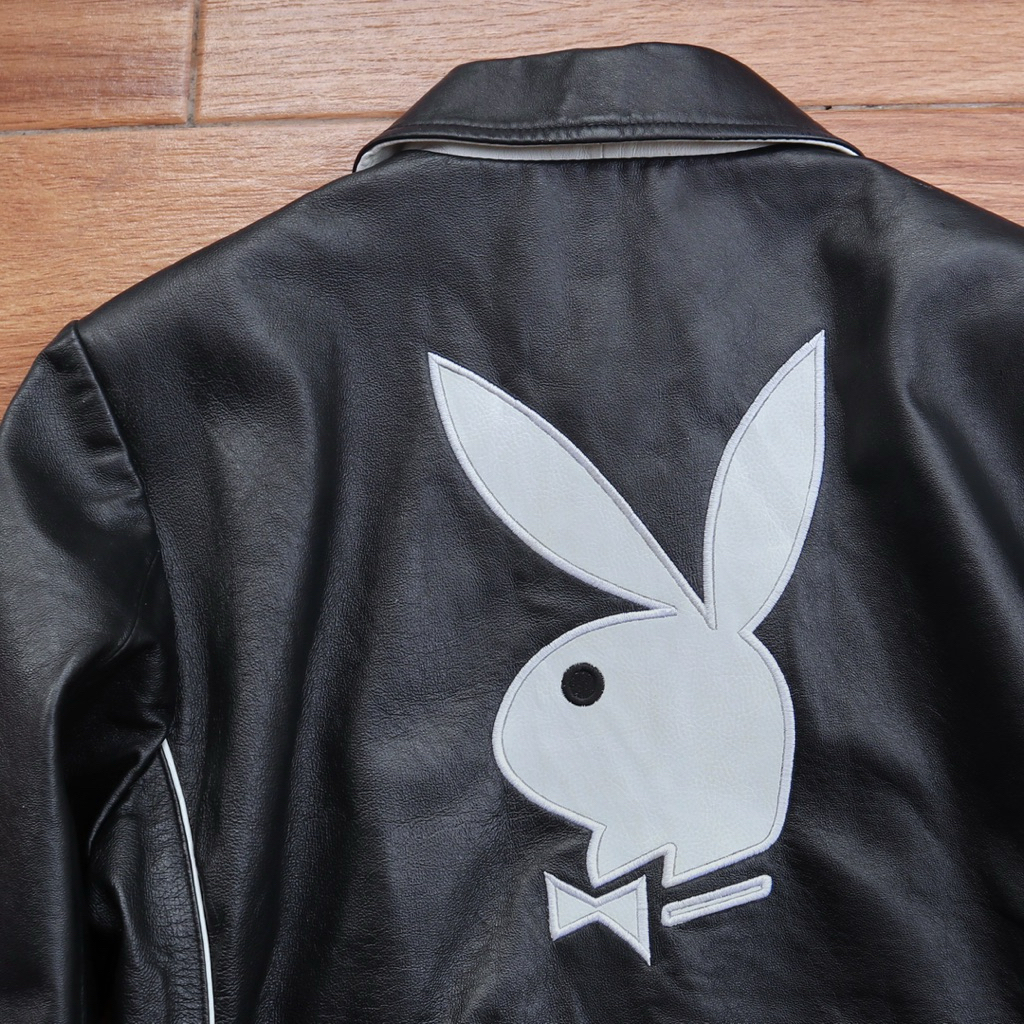 PLAYBOY Jaket kulit asli cewek vintage bergambar slim cewek rare casual wanita jaket motor  emboss p