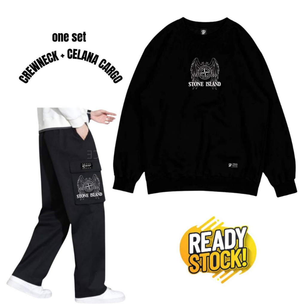 Set Pria Hitam Terbaru 2025 Krunek Cowok Celana Cargo Panjang Setelan Kaos Celana Pria Oneset Switer