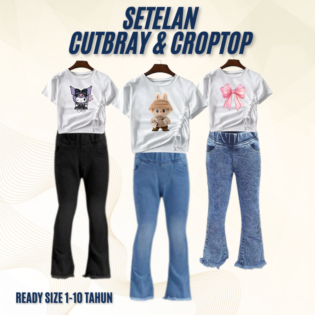 SETELAN CUTBRAY JEANS DAN KAOS CROP ANAK CUTBRAY JEANS RAWIS ANAK SETELAN CUTBRAY JEANS ANAK