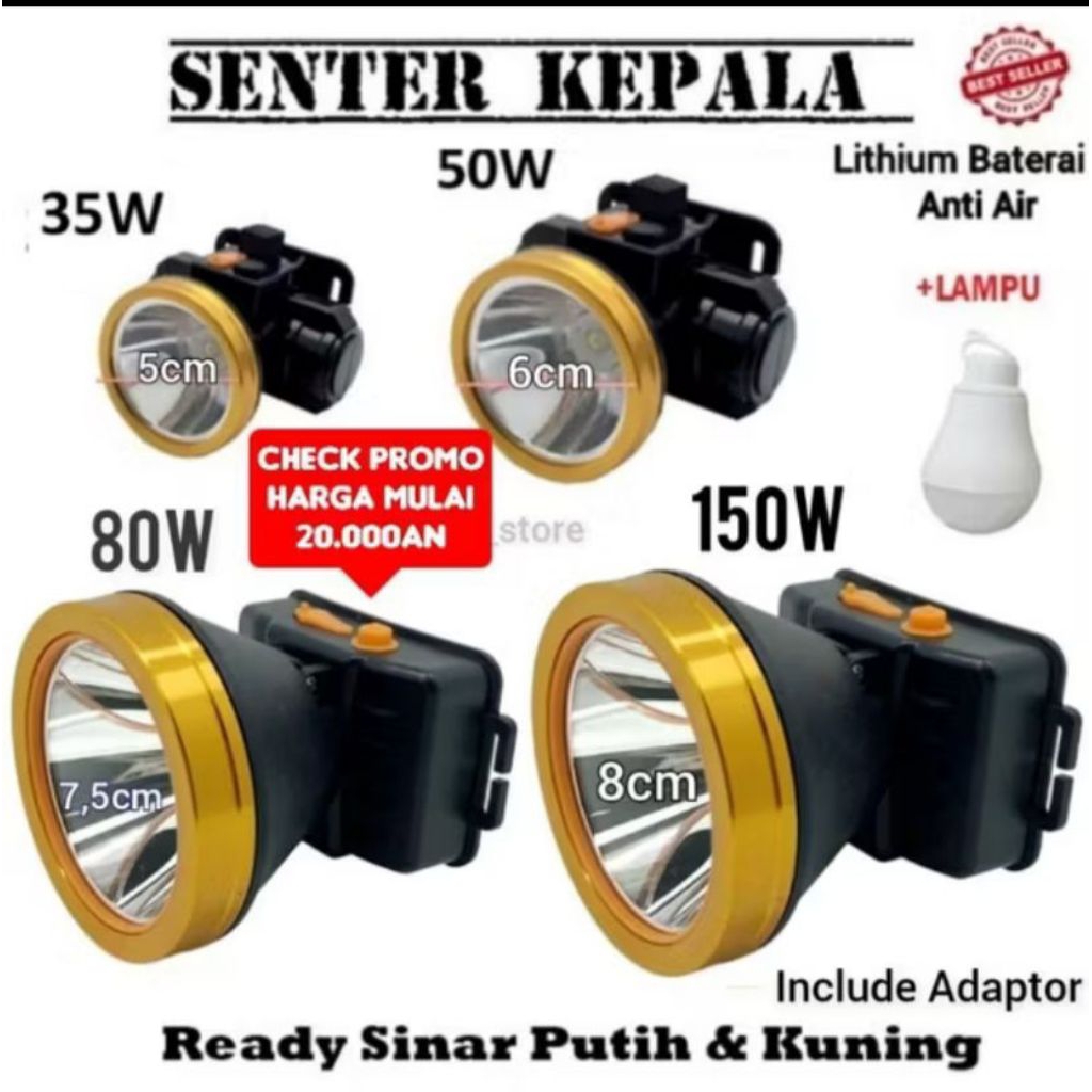 Luby Senter Kepala 35W 50W 80W 150W Putih/Kuning Body Besar/Kecil Super Terang Head Lamp Fokus Anti 