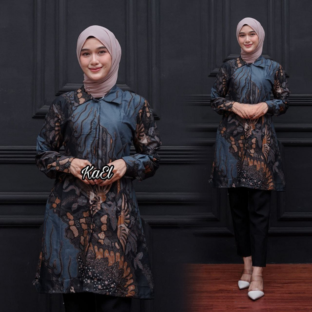 Atasan Batik Wanita Muslim Muslimah Tunik Baju Muslim Modern Navy Biru Terbaru
