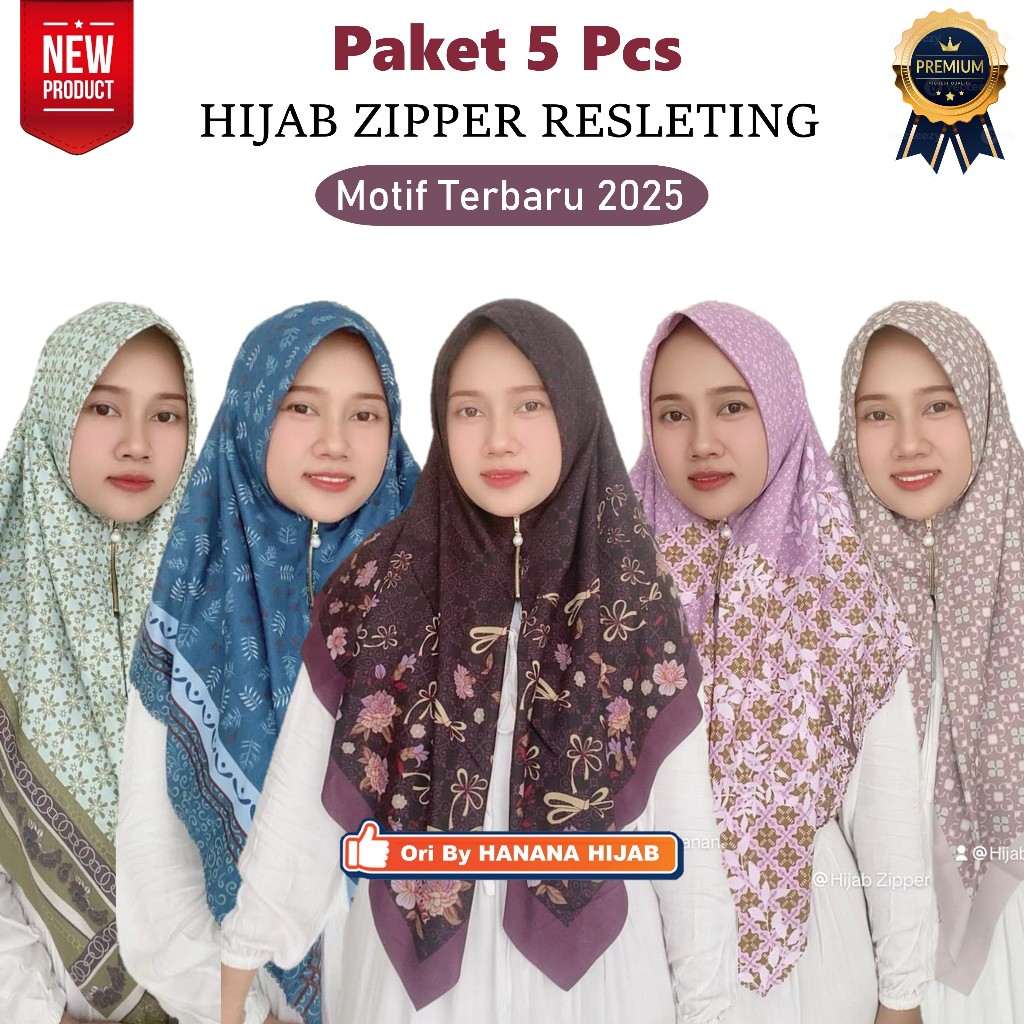 Hijab Zipper Resleting Paket 5 Pcs Kerudung Instant Zipper Motif Bahan Voal Premium Jilbab Sleting