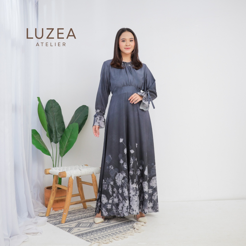 LUZEA Aleena Long Dress | Gamis Motif Satin | Wanita Muslim Lengan Ruffle | Korean Look Casual