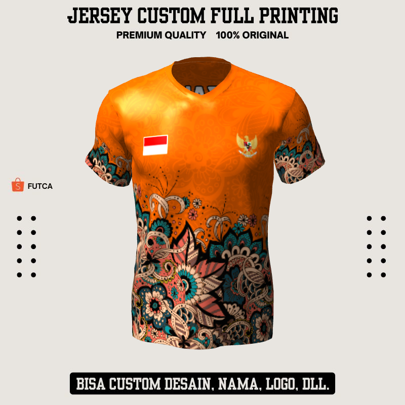 Kaos Jersey Futsal Orange Motif Batik 226 - Jersey Olahraga Custom Full Printing
