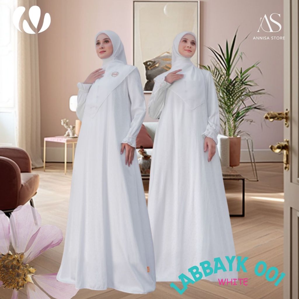 BAJU GAMIS HAJI UMROH WANITA NIBRAS LABBAYK 001 WHITE  / BAJU GAMIS WANITA UNTUK UMROH DAN HAJI