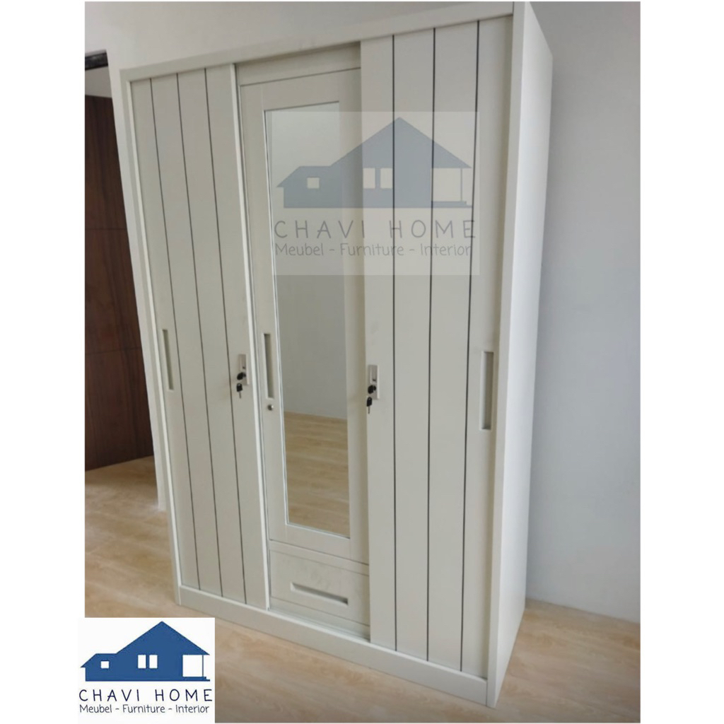 Lemari besi lemari pakaian lemari baju besi 3 pintu sliding geser laci ukuran 120cm
