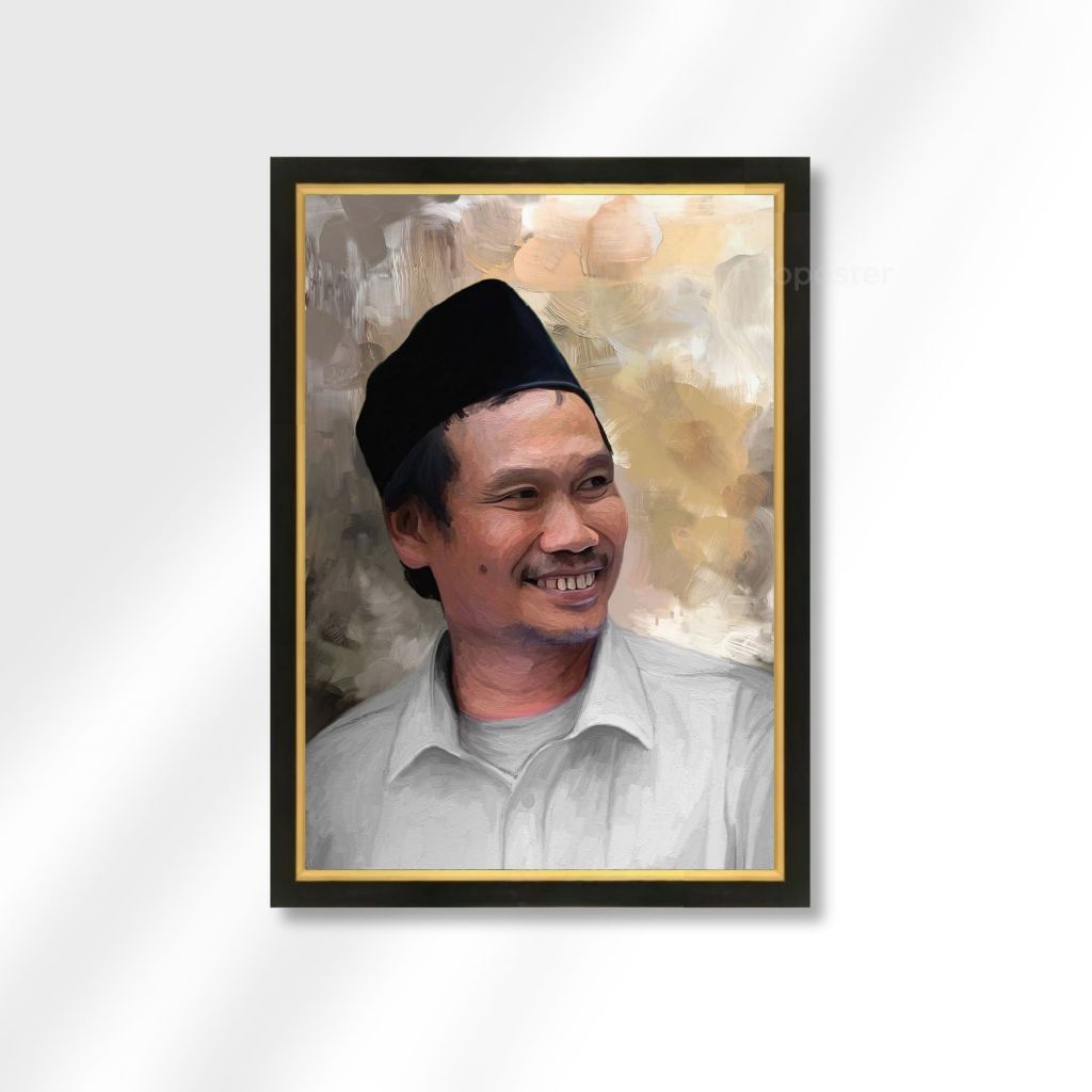 Pajangan Dinding Lukisan Cetak Gus Baha Ulama Nusantara Plus Bingkai Kayu