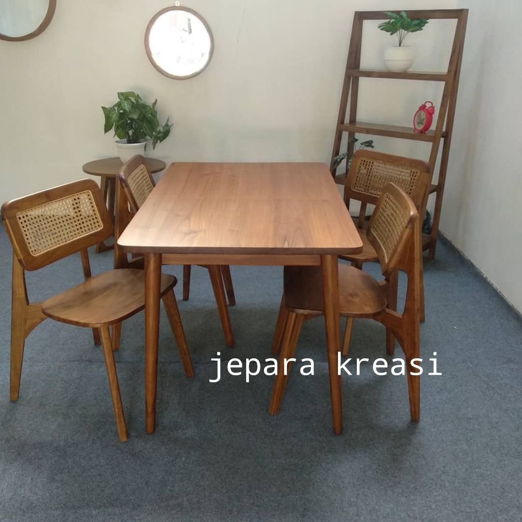 meja makan kayu jati 4 kursi rotan minimalis, set meja makan jati 4 kursi minimalis