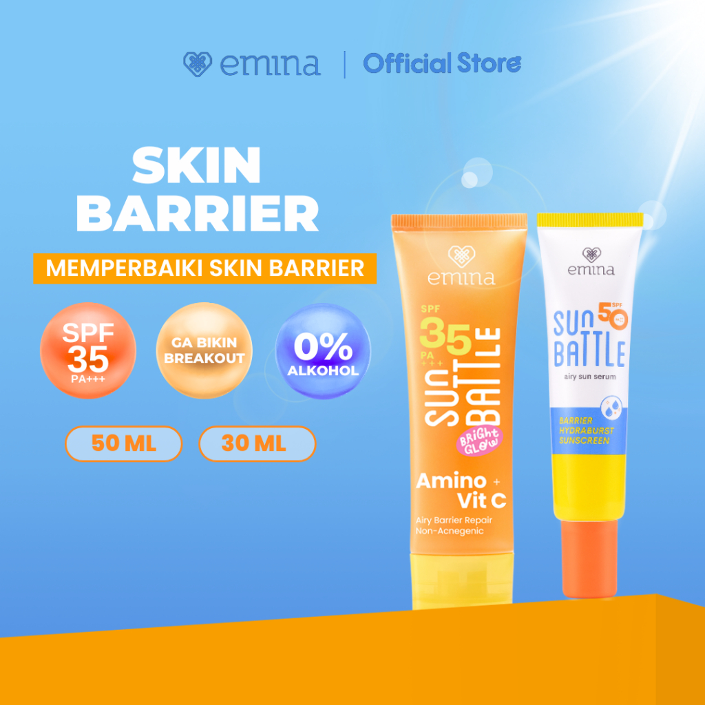 Emina Sunscreen Indoor & Outdoor SPF 35 Amino Vit. C Bright Glow & SPF 50 Cica Acne Fighter atau SPF