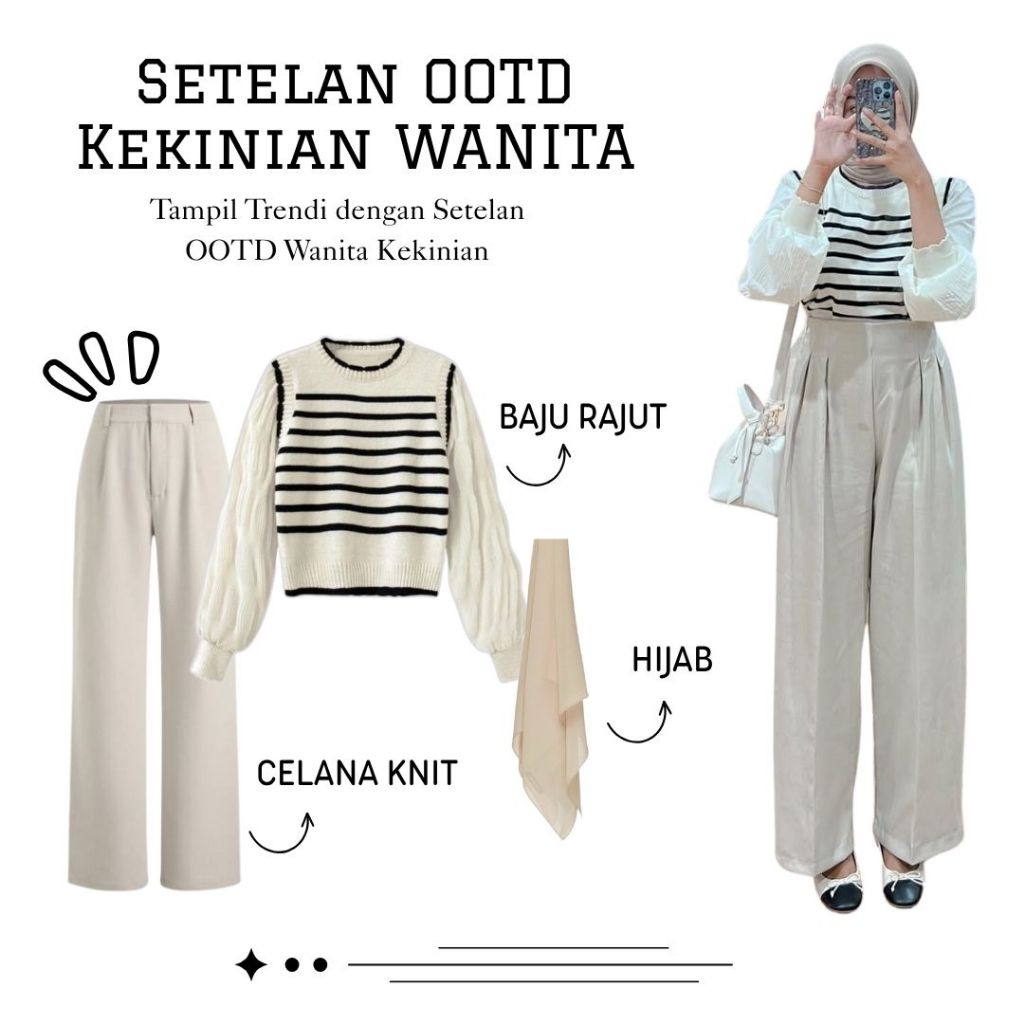 Setelan OOTD Kekinian Wanita Baju Rajut Stripe Celana Ivory Hijab Cream . KS040