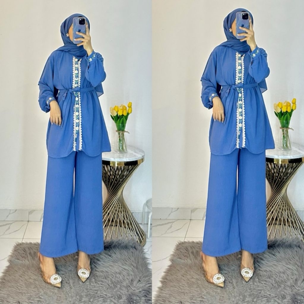 Nabila One Set Muslim Wanita Atasan Set Celana Bahan Crinkle Airflow