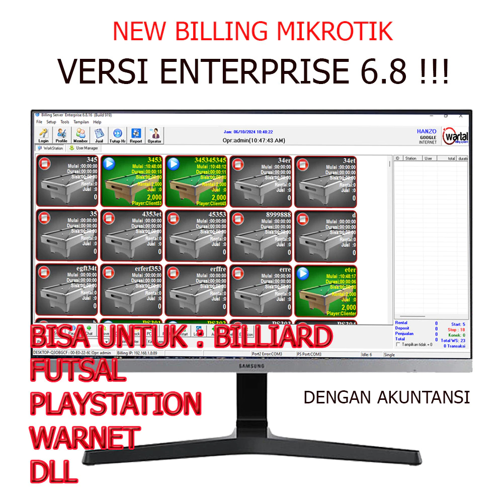 SOFTWARE BILLING MIKROTIK BILLIARD / FUTSAL / PLAYSTATION TERBARU 6.8 ENTERPRISE