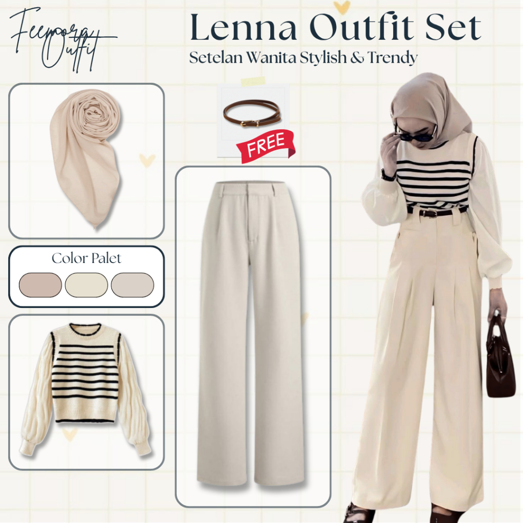 Setelan Wanita Hijab Style (Sweater Stripe, Celana Loose Knit, Belasquare Bisquit) 3In1 Outfit - FE3