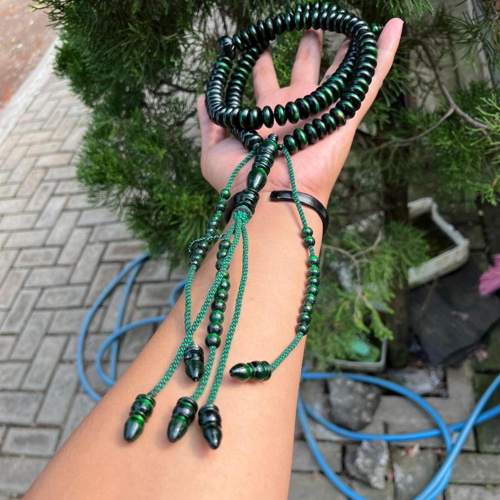 Tasbih Tijani Akar Bahar Tali Arus Warna Hijau Model Pipih