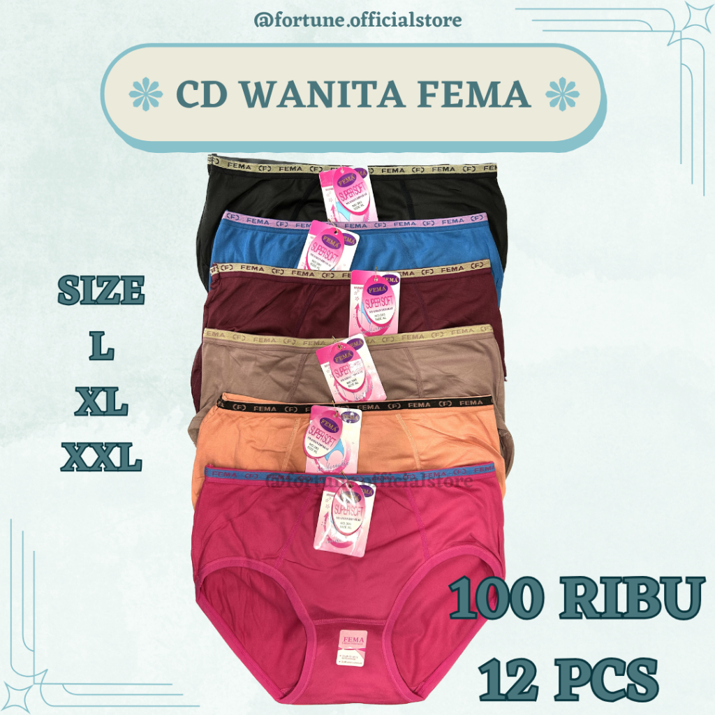 Celana Dalam Wanita Fema 12 Pcs / CD Katun Remaja Dewasa / Sempak / Celqna / Cawet / Pakaian Dalam M
