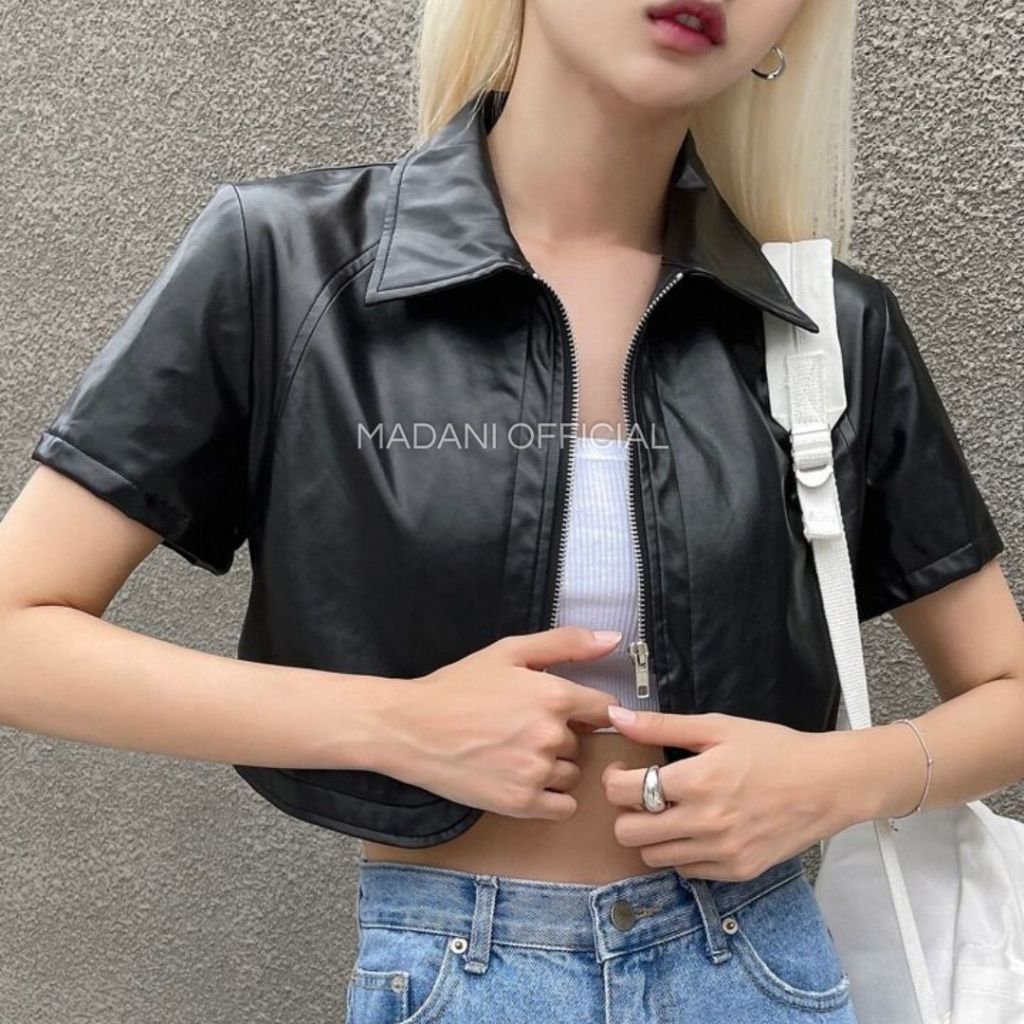 MDN x DAJI - Jaket Crop Top Kulit Sintetis Viena Wanita Imitasi PU Leather Jacket Vintage Zipper Len