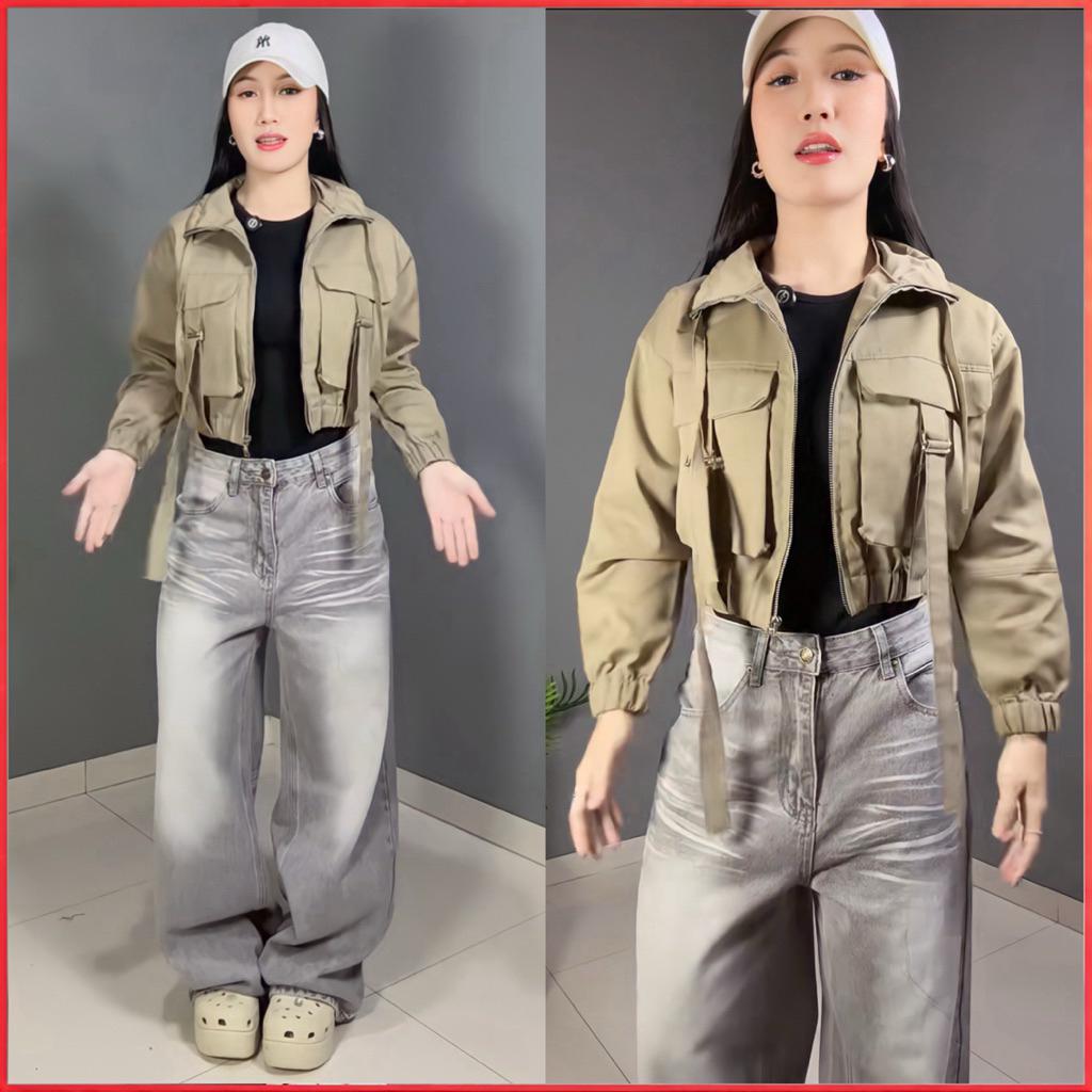Pariroo Jaket Crop Wanita Korea Jolana Model Tali Stylish | Jaket Streetwear Casual Oversize Kekinia