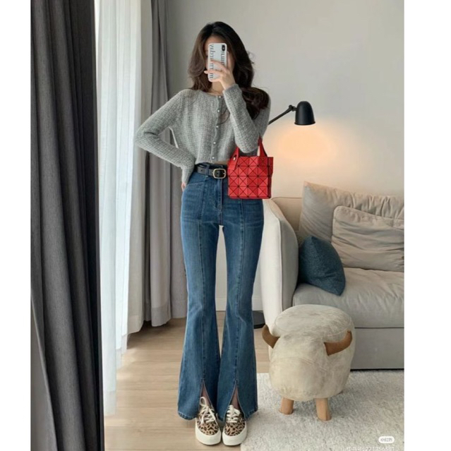 Wmt - Velyn Cutbray Jeans Wanita Highwaist Retro Premium Belah Depan