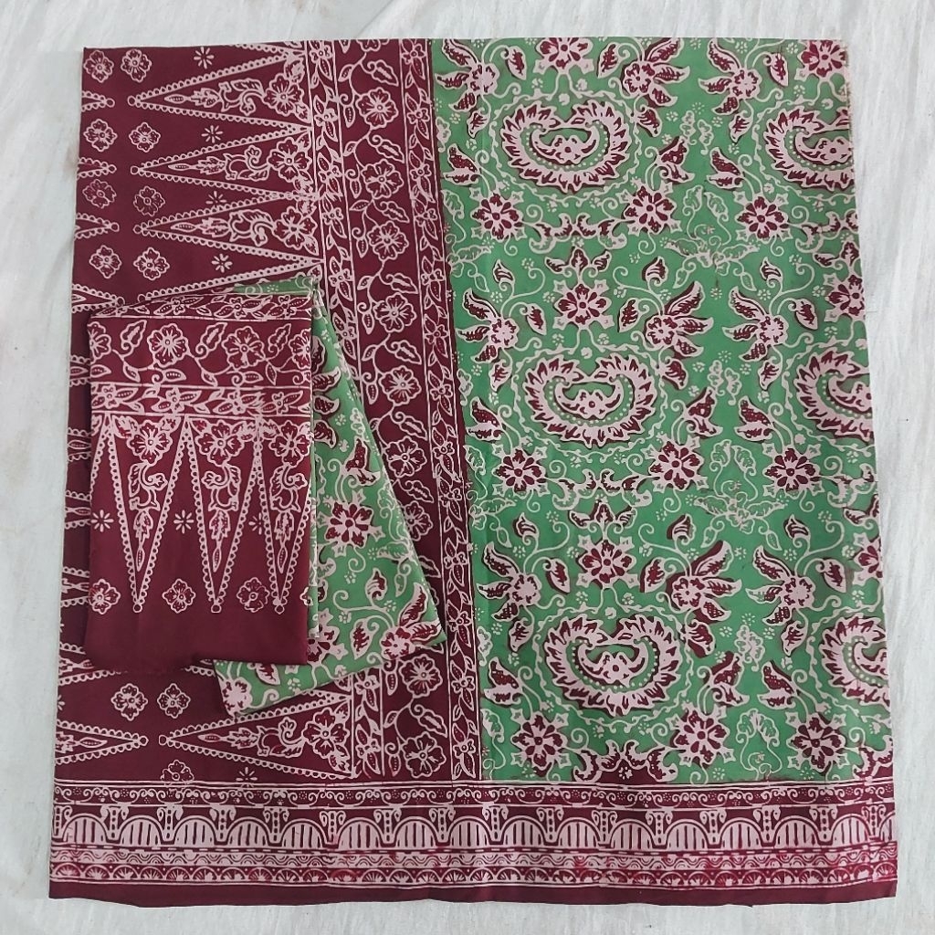 Set sarung selendang batik Jambi katun burgundi hijau motif durian pecah setelan sarung tekuluk kain