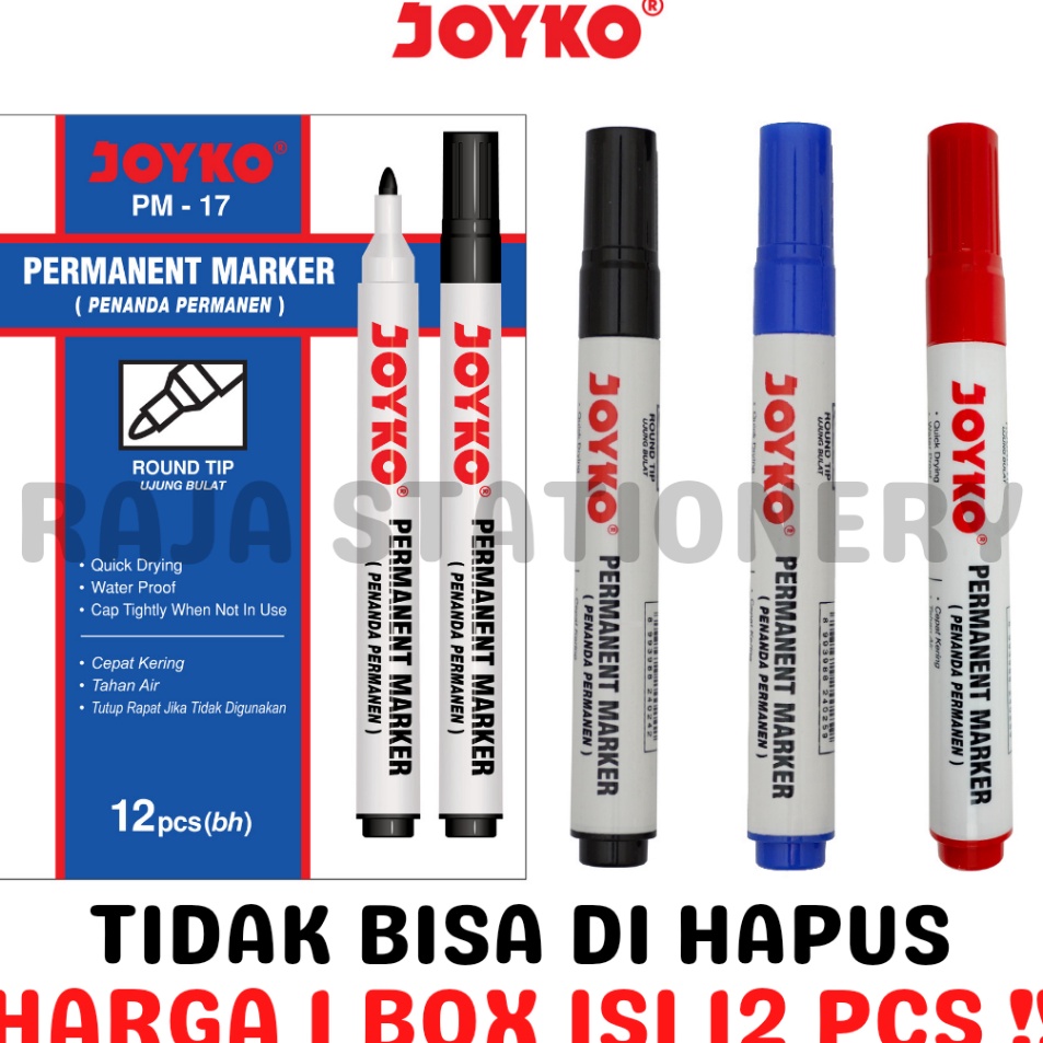

Best JOYKO PERMANENT MARKER BLACK BLUE RED SPIDOL PERMANEN JOYKO HITAM BIRU MERAH PM17 PM18 PM19 BOX LUSIN 12PCS