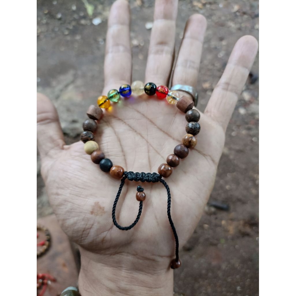Gelang SaptaWarna 7cakra batu tibet rambut sedana kayu setigi dewandaru kalimosodo liwung macan gali