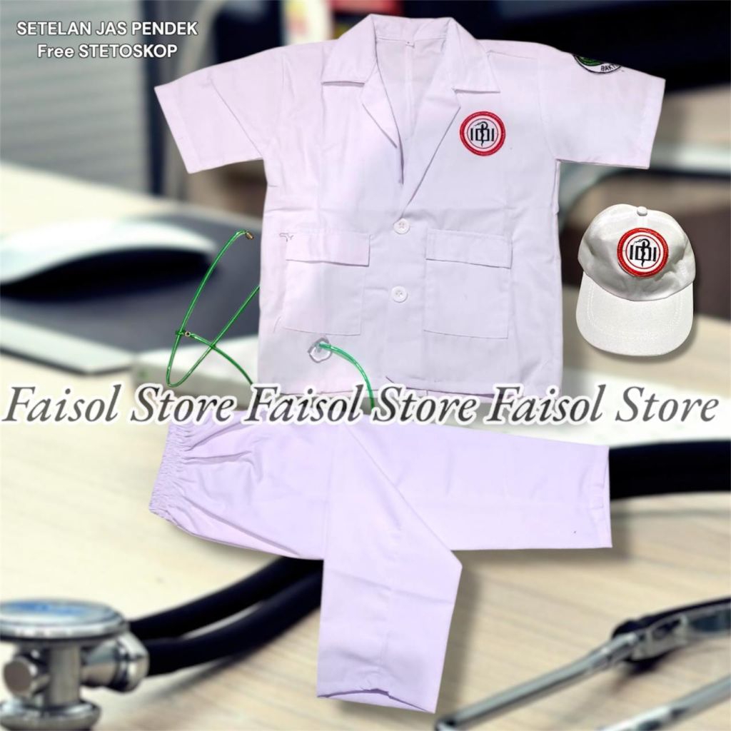 Baju setelan jas dokter anak paud, tk, sd lengan pendek/baju profesi jas dokter anak paud, tk, sd le