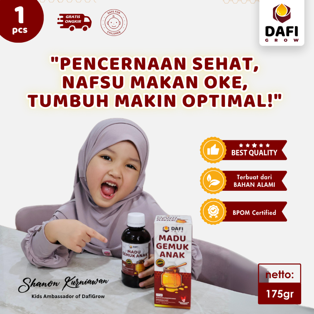 

DAFI GROW + FREE GIFT - 175 gr Vitamin Anak Usia 2 Tahun ke Atas Madu Gemuk Penambah Nafsu Makan dan Energi, Bahan Alami, Madu Jamu Herbal Pereda Batuk dan Pilek, Anak GTM Jadi Lahap Makan, Anti Picky Eater