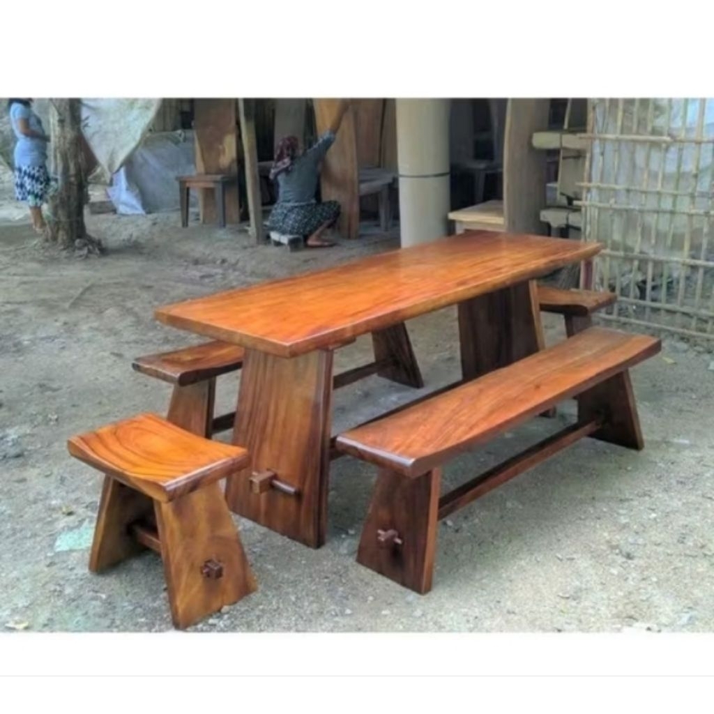 Set Meja Makan Minimalis Kayu Trembesi Set Meja Cafe Retro Kayu Trembesi