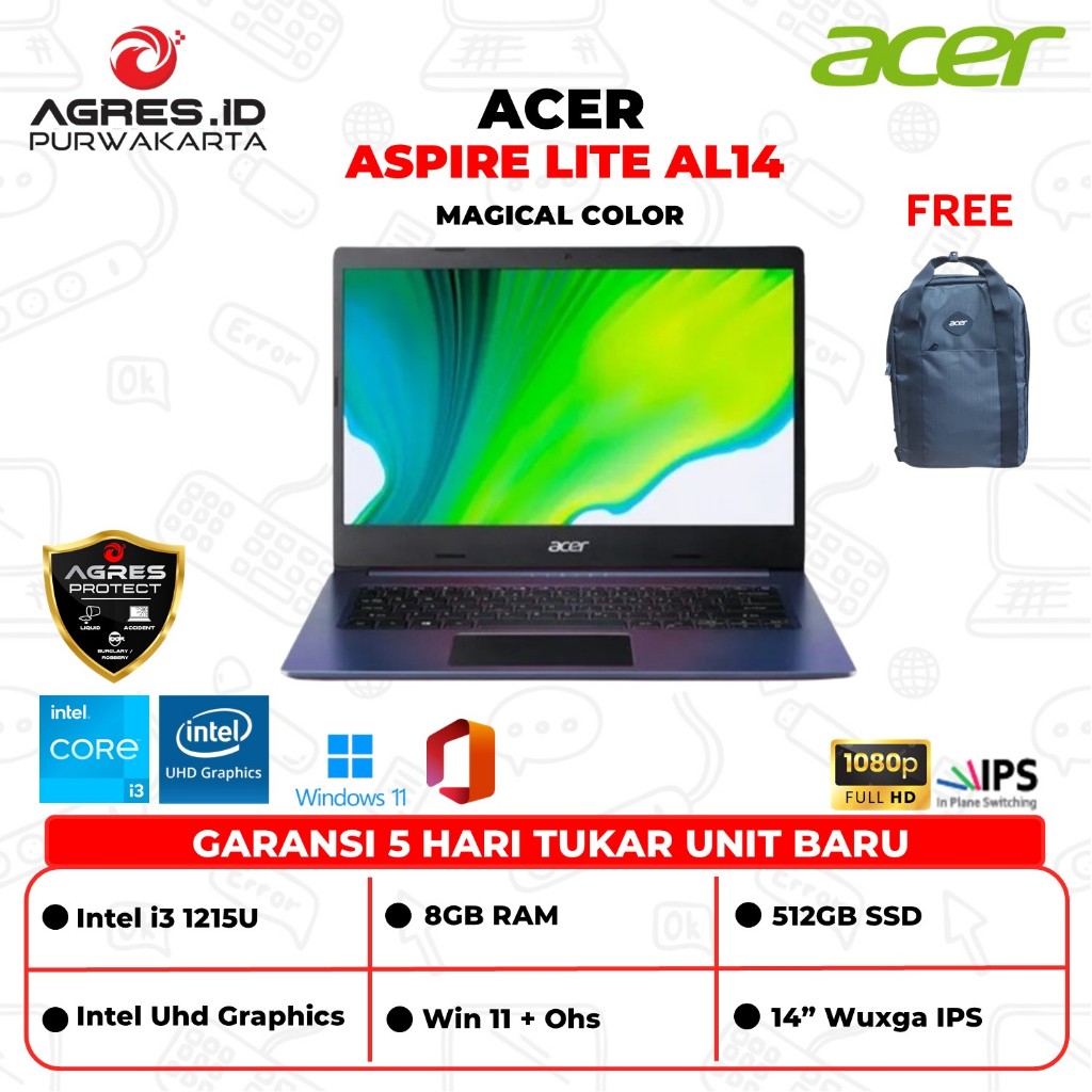 Acer Aspire Lite AL1 Magical Color I3 1215 Ram 8GB Ssd 512GB W11+Ohs 14" Wuxga Ips Backlit