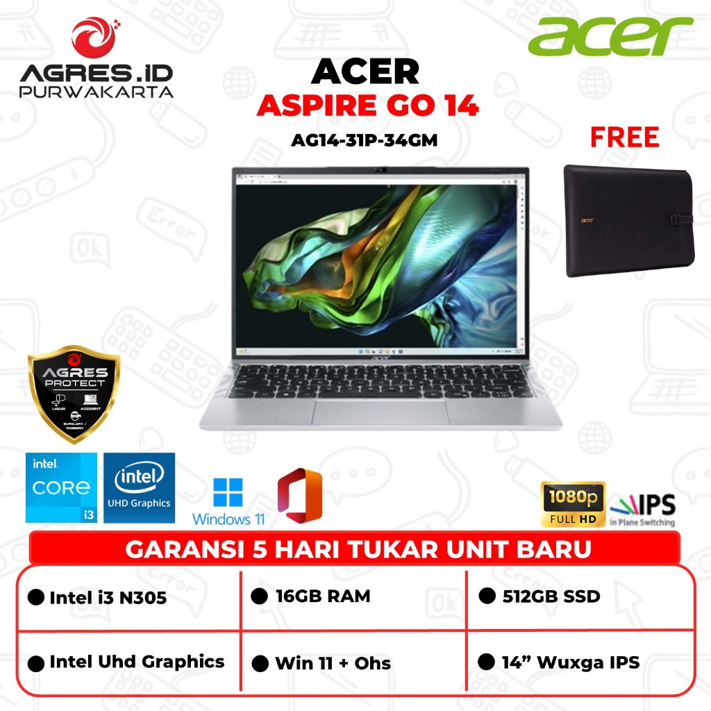 Acer Aspire Go 14 AG14 I3 N305 Ram 8GB Ssd 512GB W11+Ohs 14" Wuxga