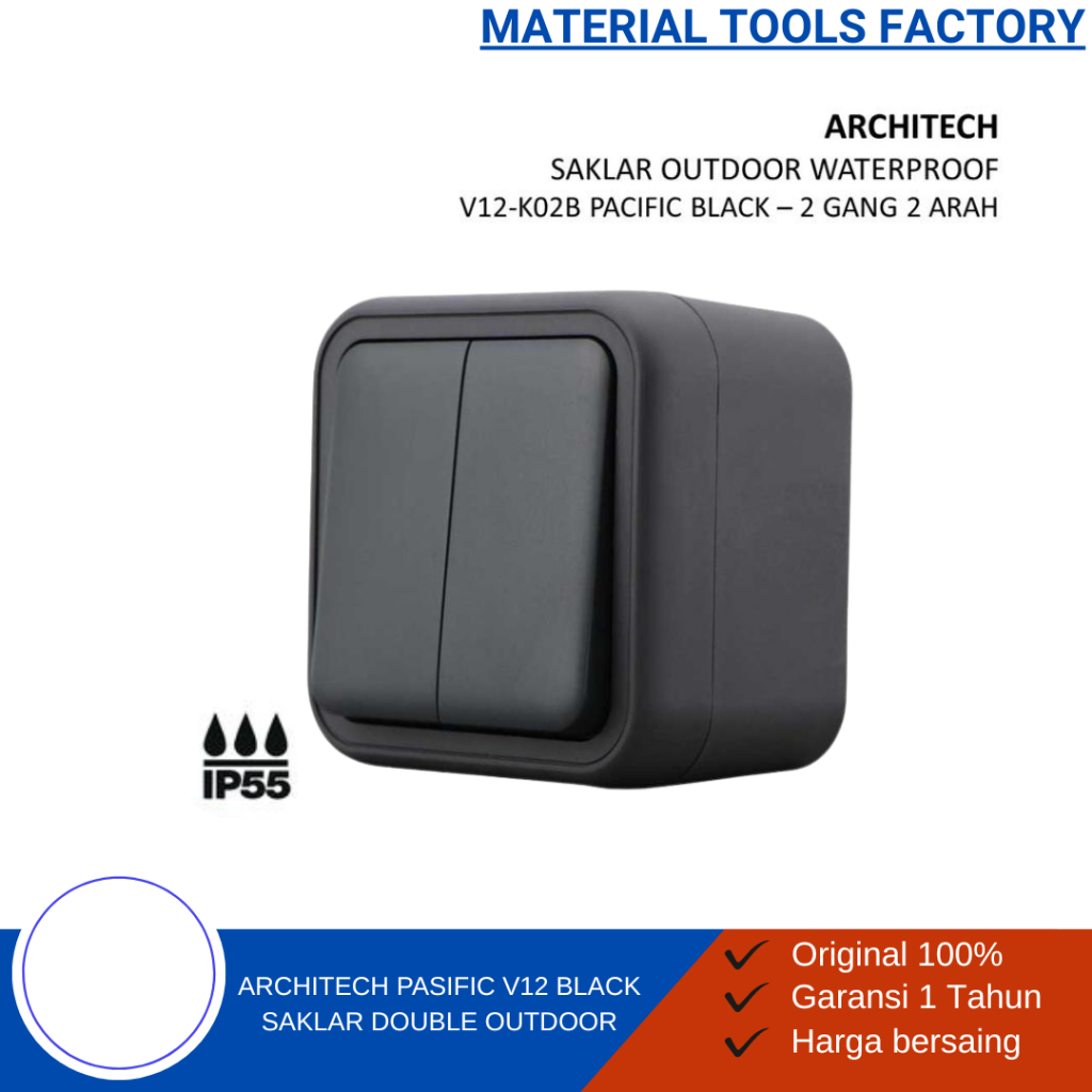 Stop Kontak -Saklar Lampu - Saklar ARCHITECH - ARCHITECH PASIFIC V12 BLACK WATERPROOF - Saklar Doubl