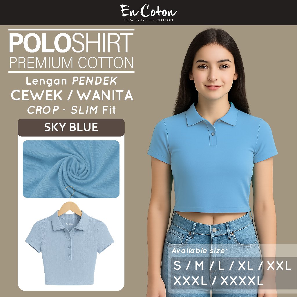 ENCOTON Kaos Kerah POLO WANITA CROP BIRU MUDA SKY BLUE Premium Tangan Lengan PENDEK (MODEL CROP - SL