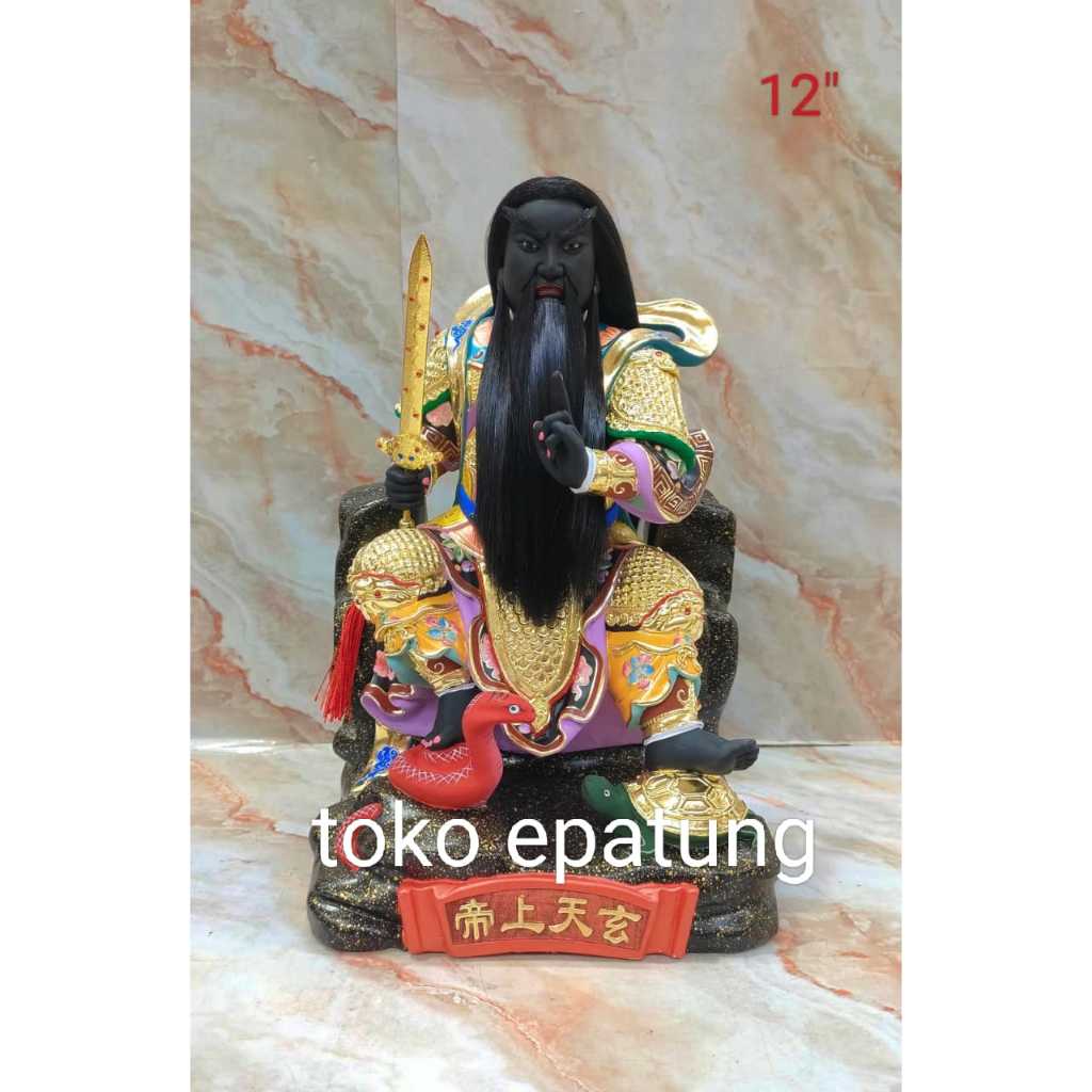 Patung Dewa hian tian / siong te kong - 12 inch - kayu taiwan - hitam - rambut - l25