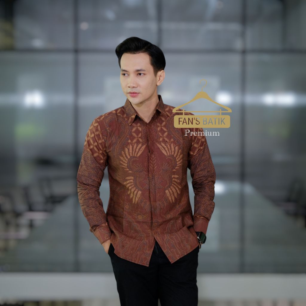 TRIWULAN coklat bata kemeja batik pria lengan panjang pendek berfuring/atasan pria warna coklat bata