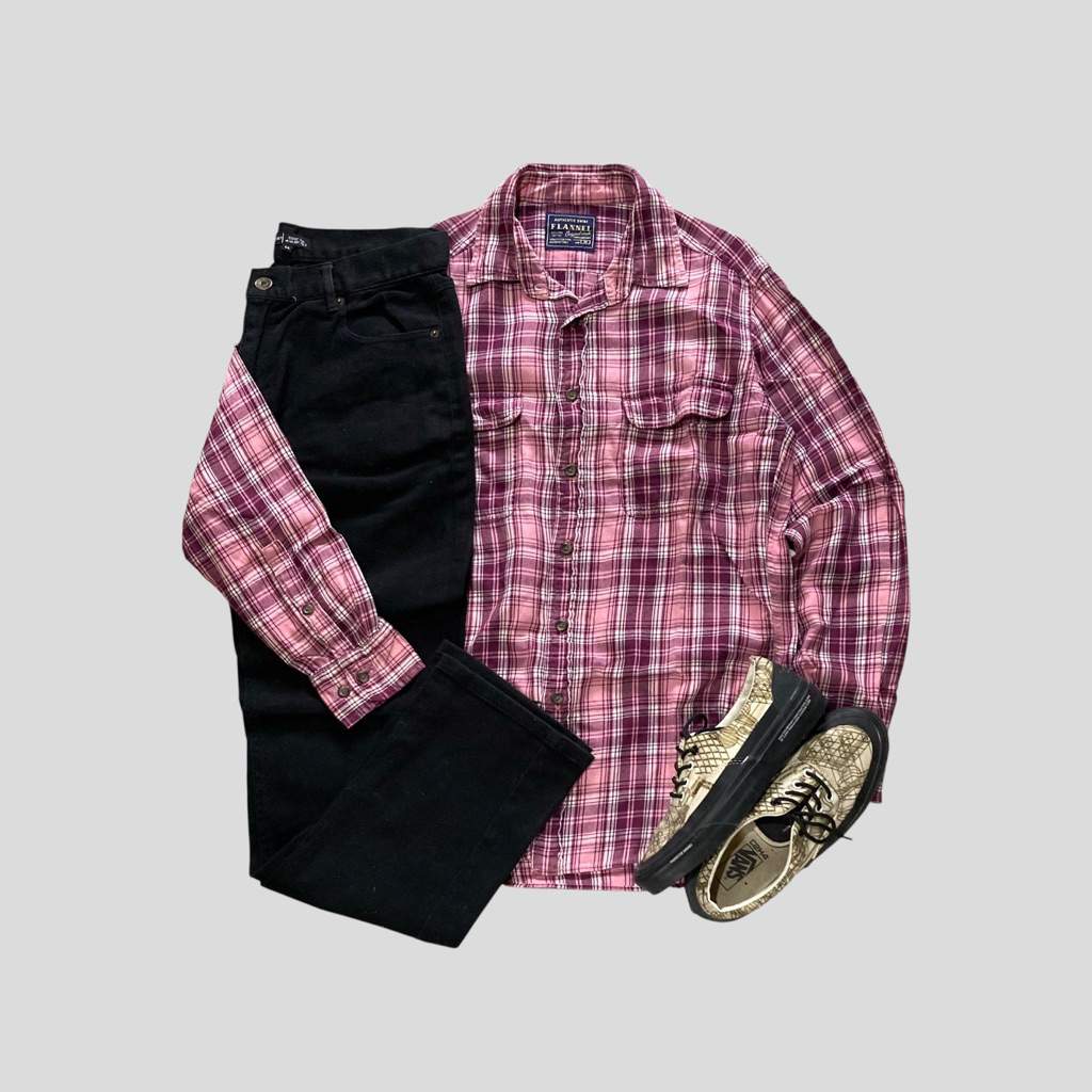 kemeja plaid flanel uniqlo original wash pink second