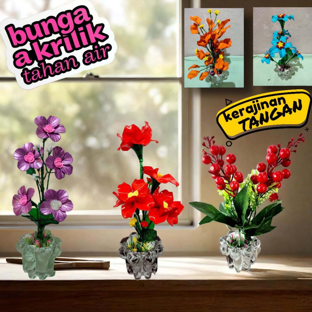 bunga meja akrilik, bunga hias akrilik, bunga hiasan lemari, bunga hand made