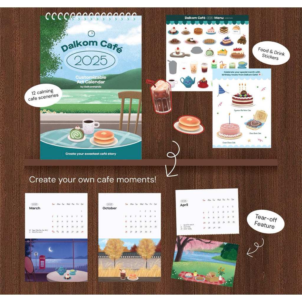 

Dalkom Cafe 2025 Customizable Art Calendar by Dalkomhands - Kalender Ilustrasi Pemandangan dengan Stiker Tema Kafe