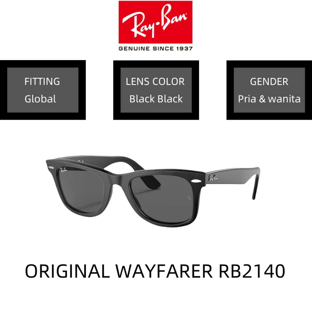 100% Ori -- acamata Hitam RAY-BAN ORIGINAL WAYFARER  RB2140 Sunglasses 52mm Black Black pria wanita