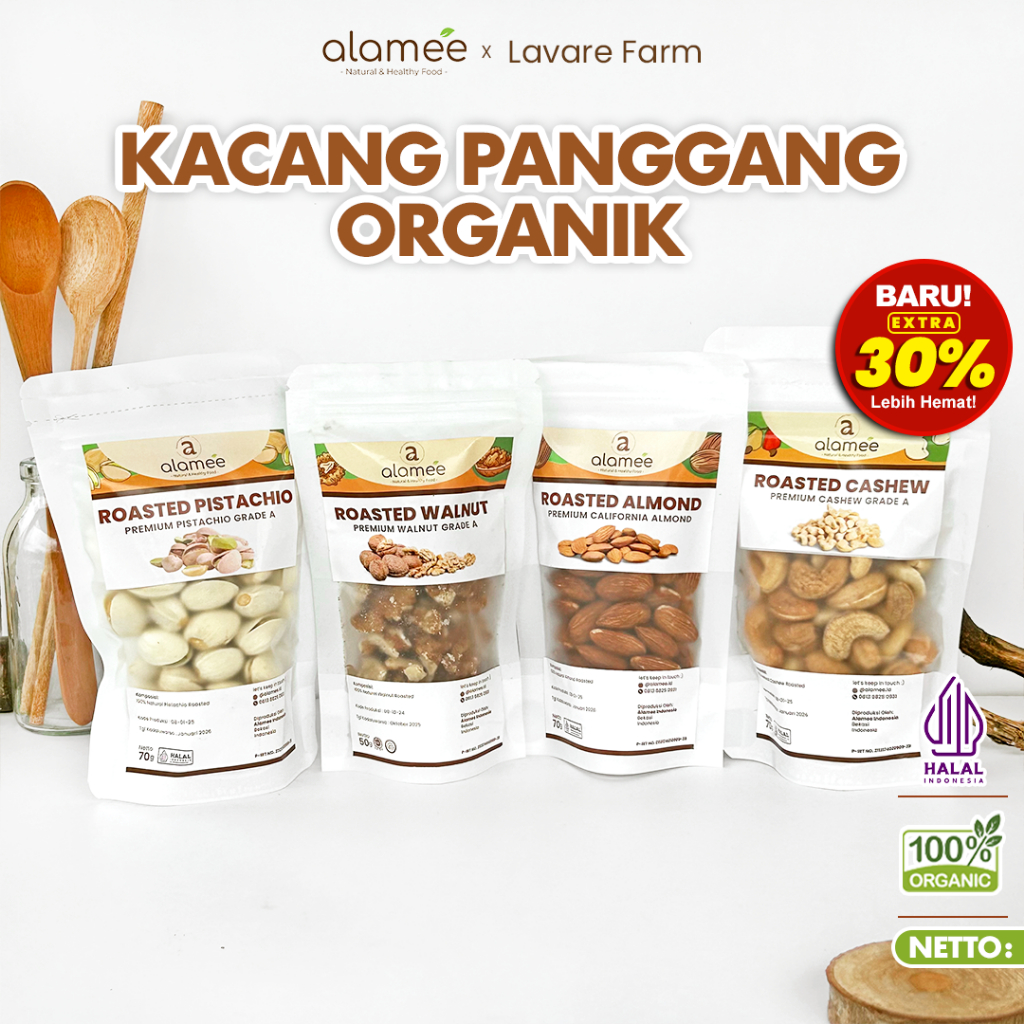 

ALAMEE Kacang Almond Mede Walnut Pistachio Kupas Panggang Roast Roasted 70g Oven buma