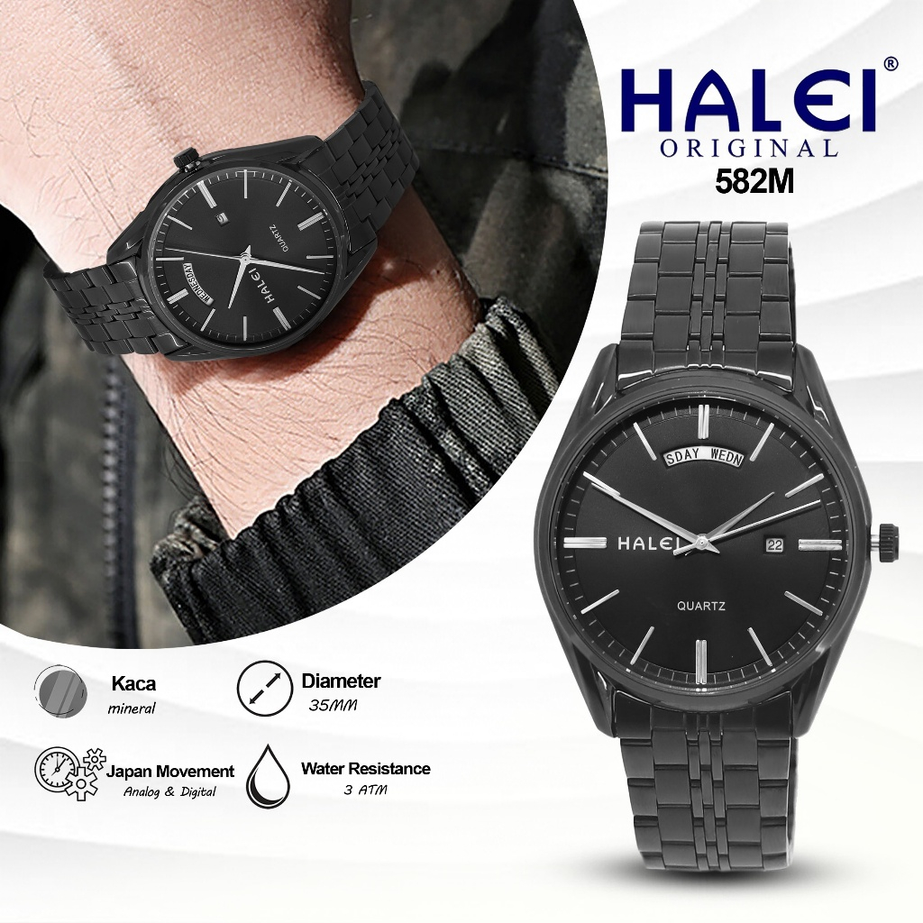 HALEI 582M - Jam Tangan Branded Pria Rantai Stainless Mesin Seiko Anti Air Garansi Original
