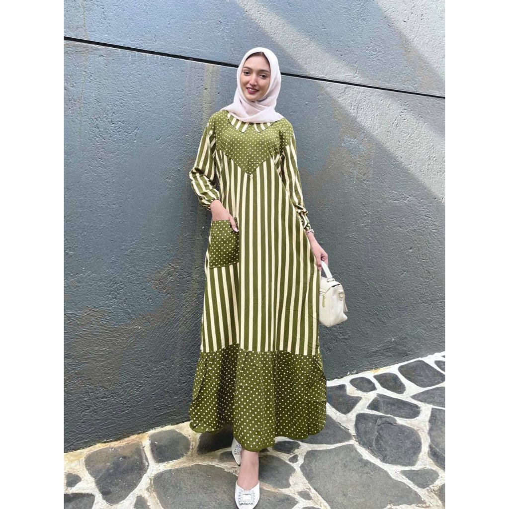 Dress STOK TERBATAS Gamis Rayon Ruffle Kerah Rebah Polkadot Garis | Longdress Luna Batik Saeniki