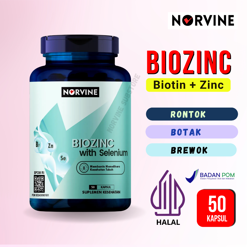 BIOZINC NORVINE BIOTIN PLUS ZINC VITAMIN RAMBUT BREWOK ISI 50 KAPSUL HALAL BPOM BOOSTER MINOXIDIL