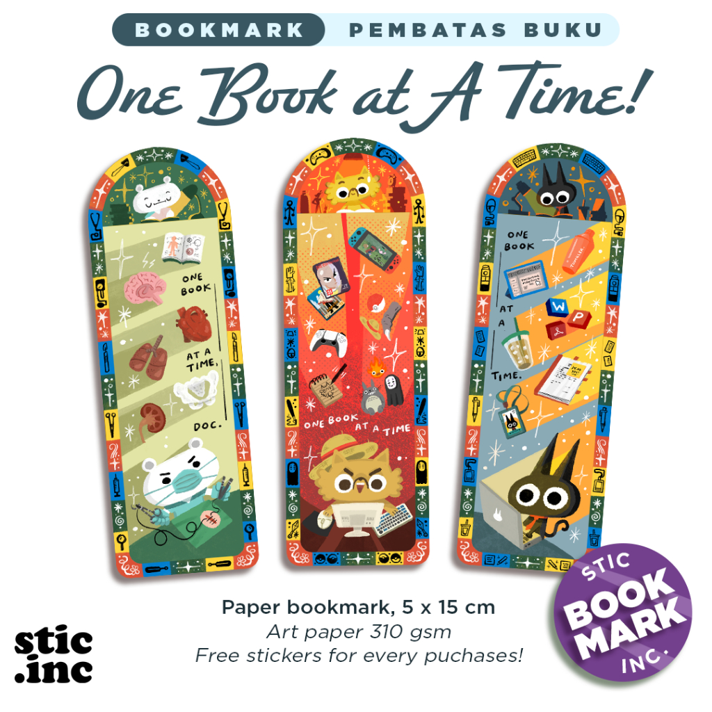 

One Book at A Time! - Bookmark / Pembatas Buku - Stic.Inc Originals (Beru, Jack, dan Kutjink)