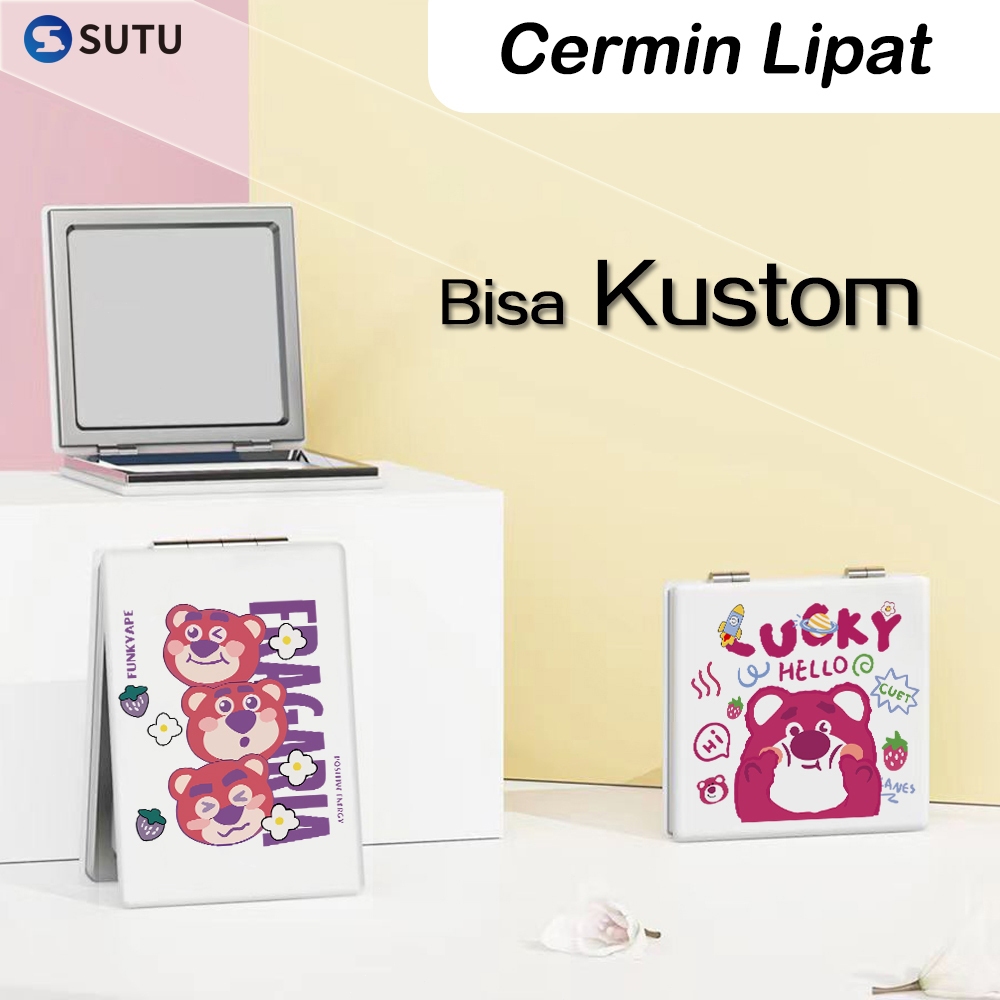 SUTU Cermin Lipat Custom Kartun  Cermin Rias Karakter Hewan Lucu  Cermin Lipat Portabel Kulit Mini