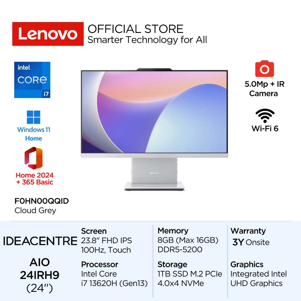 Lenovo PC IdeaCentre AIO 3i 24IRH9 Intel Core i7 13620H Win11 8GB 1TB SSD 23.8" FHD IPS Touch 100Hz 