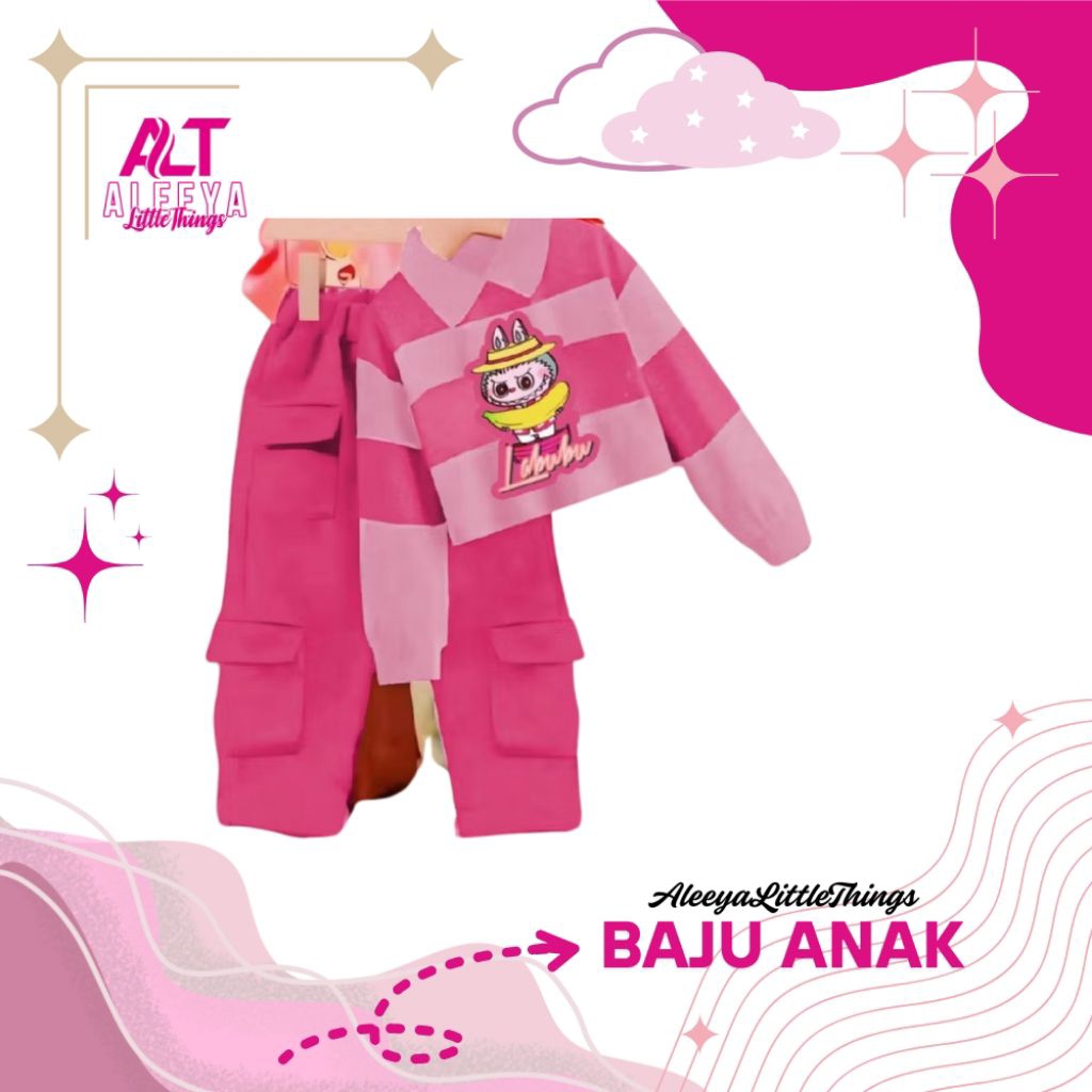 setelan baju anak perempuan labubu terbaru usia 1-12 tahun/ one set anak perempuan 1-12 tahun motif 