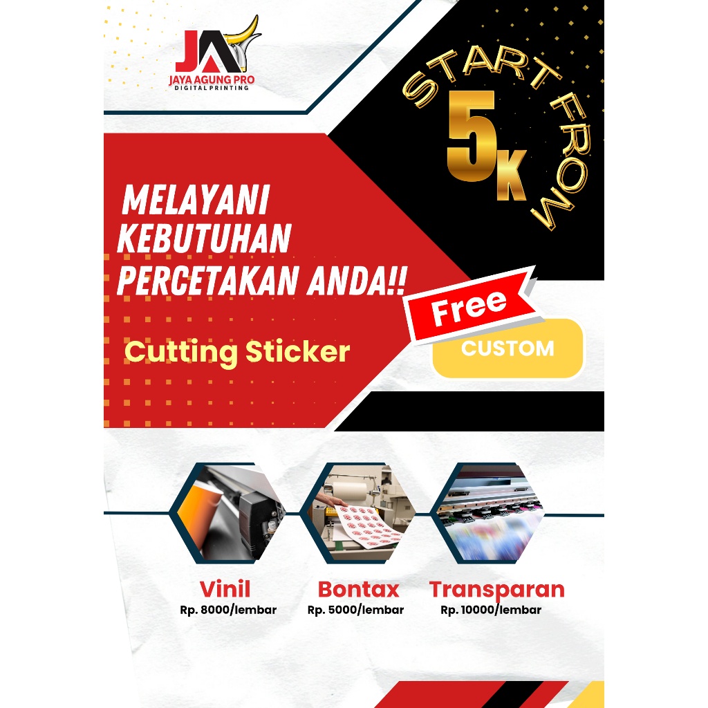 

Cetak Custom Sticker Cutting FREE Desain A3 Kertas Vinil, Bontax Dan Tranparan