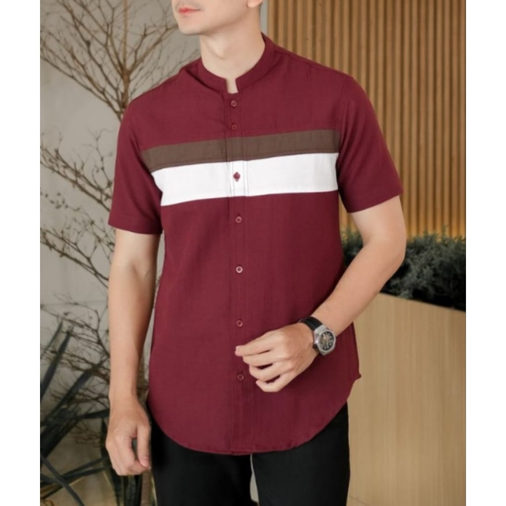 Kemeja Pria Lengan Pendek Kombinasi Bahan Linen/Kemko Pria Lengan Pendek Premium